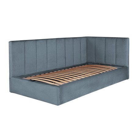 Pat Tapitat Ravel Junior, Dimensiune Saltea 90 x 200 Cm, Somiera Rabatabila Si Panou Stanga, Albastru-01