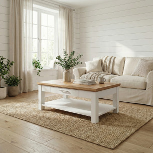Masa Cafea Alpina, Alb Si Natur, Furniruita, 115 x 70 Cm
