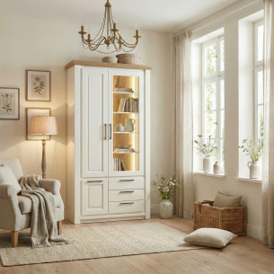 Vitrina Cu 3 Usi Si 3 Sertare Thuxon Alb, Vopsit Si Furniruit Stejar, 107.6 Cm