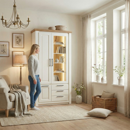 Vitrina Cu 3 Usi Si 3 Sertare Thuxon Alb, Vopsit Si Furniruit Stejar, 107.6 Cm-01