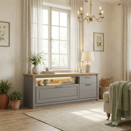 Comoda Tv Cu 3 Usi, 1 Sertar Si 1 Nisa Thuxon Graphit Matt, Vospit Gri, Furniruit Stejar, 210.4 Cm-01