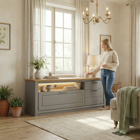 Comoda Tv Cu 3 Usi, 1 Sertar Si 1 Nisa Thuxon Graphit Matt, Vospit Gri, Furniruit Stejar, 210.4 Cm-01