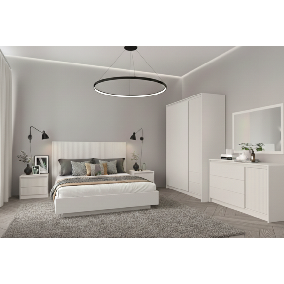 Set Dormitor Cu Comoda Mancester, Pat 160 x 200 Cm, Kashmir Si Gri Deschis