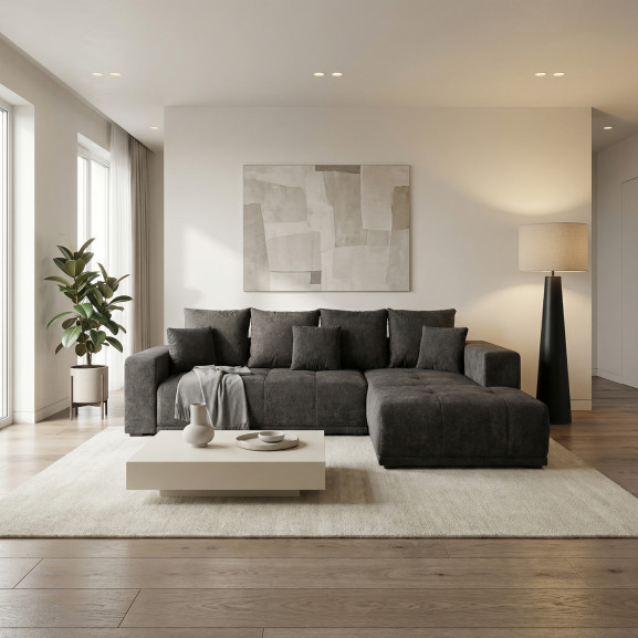 Coltar Extensibil Cu Otoman Dreapta Otis, 5 Locuri, Lada Depozitare, Gri Inchis, 280 Cm