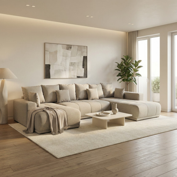 Coltar U Extensibil Otis Dreapta, 6 Locuri, Lada Depozitare, Bej, 357 Cm