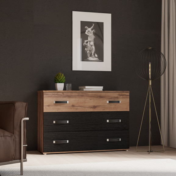 Comoda Cu 3 Sertare Rondino, Black Oak Mud Oak, 120.4 Cm