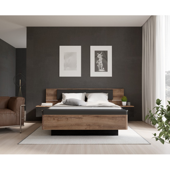 Pat Cu Noptiere Rondino, Dimensiune Saltea 140 x 190 Cm, Black Oak Mud Oak