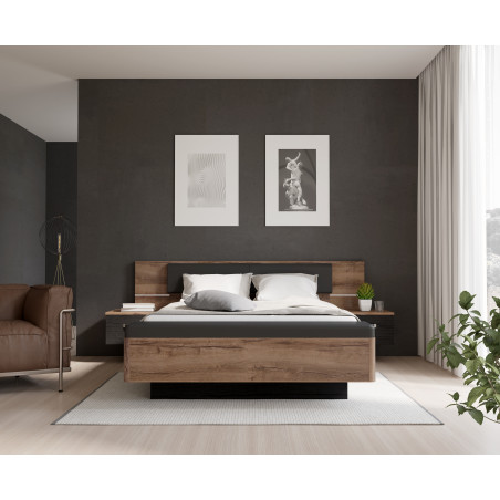 Pat Cu Noptiere Rondino, Dimensiune Saltea 140 x 190 Cm, Black Oak Mud Oak-01