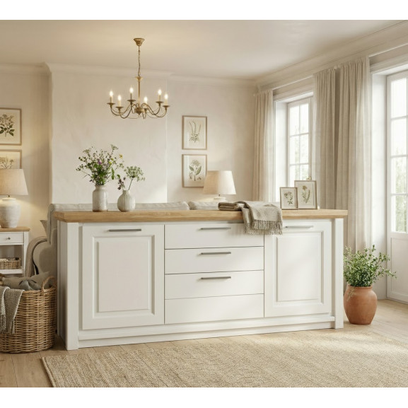 Bufet 2 Usi Si 3 Sertare Thuxon Alb, Stejar Furniruit, 195 Cm