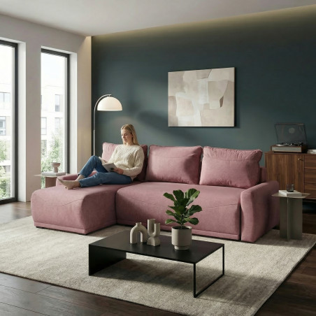 Coltar Extensibil Lea Interschimbabil Stanga/Dreapta, 5 Locuri, Lada Depozitare, Roz, 256 Cm-01