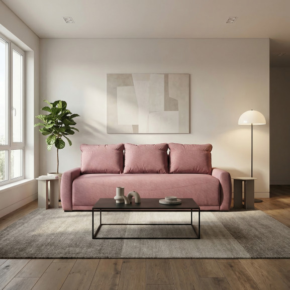 Canapea Extensibila Lea, 3 Locuri, Lada Depozitare, Roz, 225 Cm