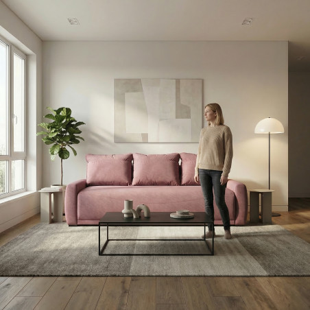 Canapea Extensibila Lea, 3 Locuri, Lada Depozitare, Roz, 225 Cm-01