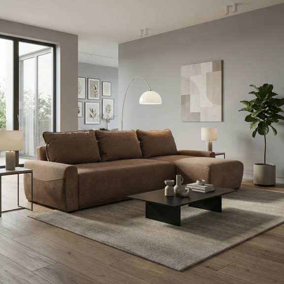 Coltar Extensibil Lea Interschimbabil Stanga/Dreapta, 5 Locuri, Lada Depozitare, Maro 256 Cm