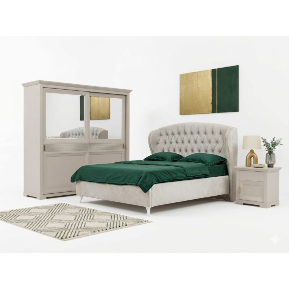 Set Dormitor Verona Kashmir Cu Pat Tapitat, Dimensiune saltea 160 X 200 Cm, 2 Noptiere Si Dulap