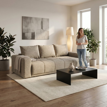 Canapea Extensibila Green, 3 locuri, Lada Depozitare, Bej, Stelar 16, 240 Cm-01