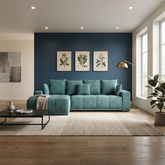 Coltar Cu Insula Dreapta Green, 5 Locuri, Lada Depozitare, Albastru, Palacio 77, 280 Cm