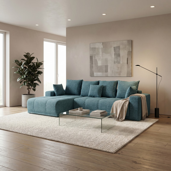Coltar Cu Insula Dreapta Green, 5 Locuri, Lada Depozitare, Albastru, Cashmere 75, 280 Cm