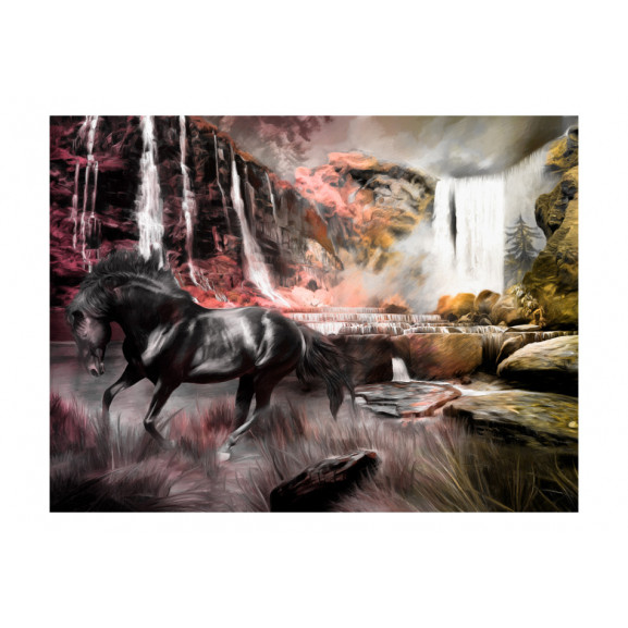 Poza Fototapet Black Horse By A Waterfall