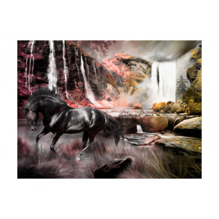 Fototapet Black Horse By A Waterfall-01