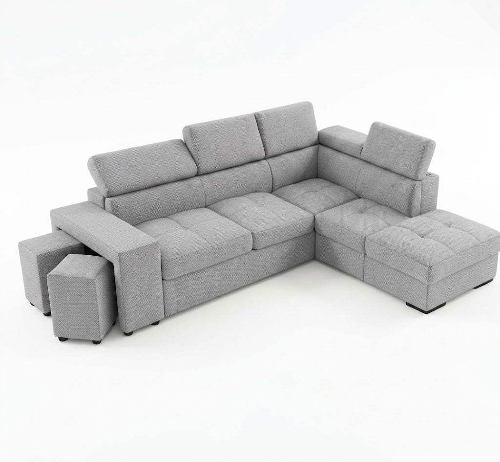 Coltar Extensibil Cu Otoman Ventotene, 5 Locuri, Taburete Integrate, Lada Depozitare, Gri, 265 Cm