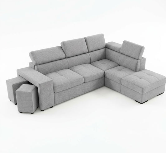 Coltar Extensibil Cu Otoman Ventotene, 5 Locuri, Taburete Integrate, Lada Depozitare, Gri, 265 Cm