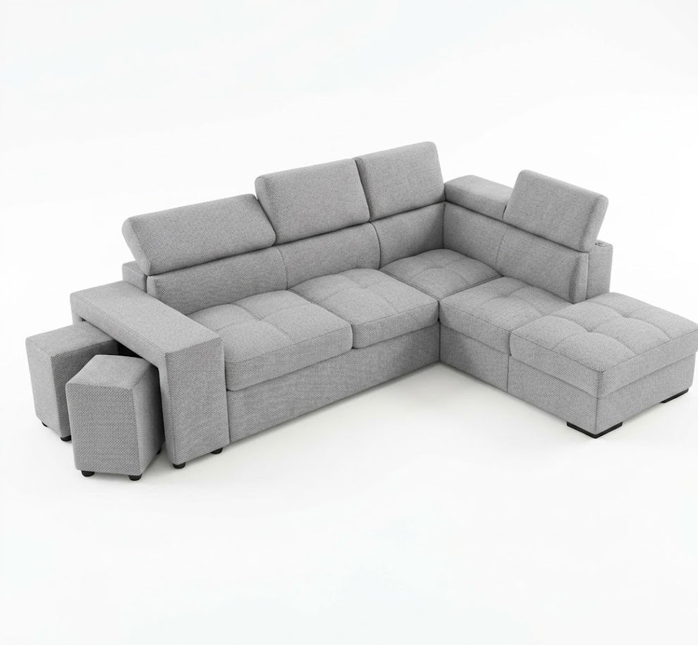 Coltar Extensibil Cu Otoman Ventotene, 5 Locuri, Taburete Integrate, Lada Depozitare, Gri, 265 Cm