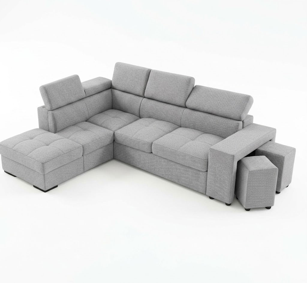 Coltar Extensibil Cu Otoman Ventotene, 5 Locuri, Interschimbabil, Taburete Integrate, Lada Depozitare, Gri, 265 Cm