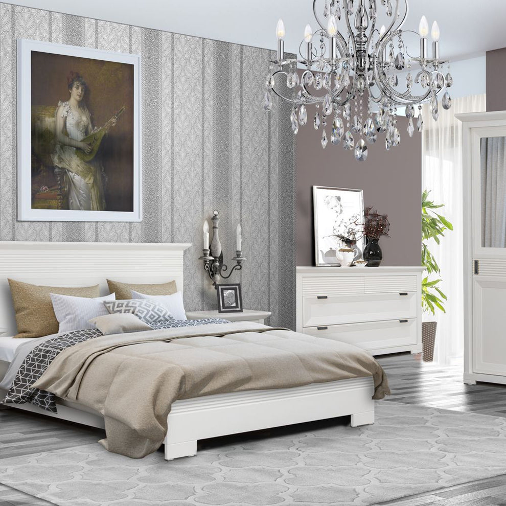 Set Dormitor Verona Bianco, Pat Cu Dimensiune saltea 160 X 200 Cm, 2 Noptiere Si Dulap