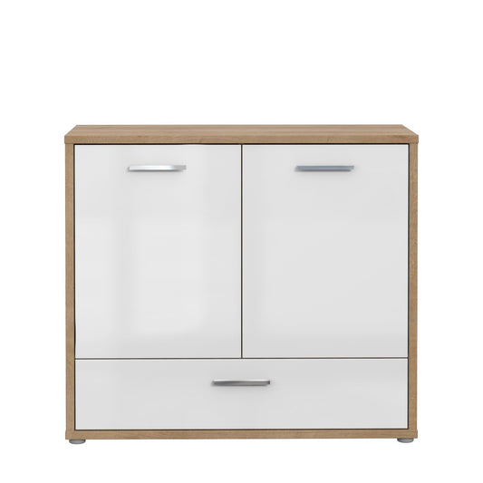 Comoda Chicory, Stejar Riviera si alb si alb super lucios, 94.5 cm