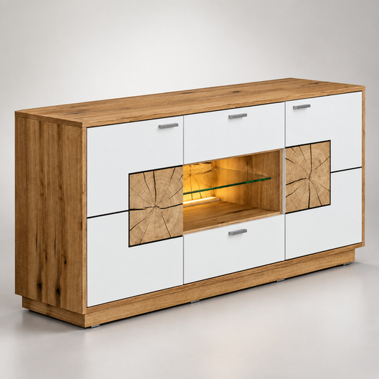 Comoda Tv Urbano White Cu 2 Usi, 2 Sertare Si 1 Nisa Alb Si Natur, 140 Cm