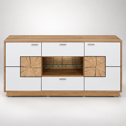 Comoda Tv Urbano White Cu 2 Usi, 2 Sertare Si 1 Nisa Alb Si Natur, 140 Cm