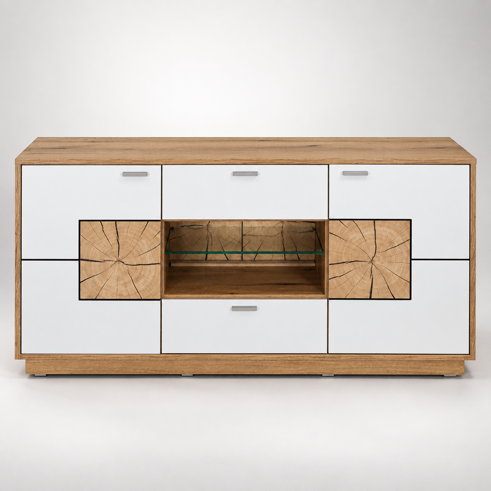 Comoda Tv Urbano White Cu 2 Usi, 2 Sertare Si 1 Nisa Alb Si Natur, 140 Cm