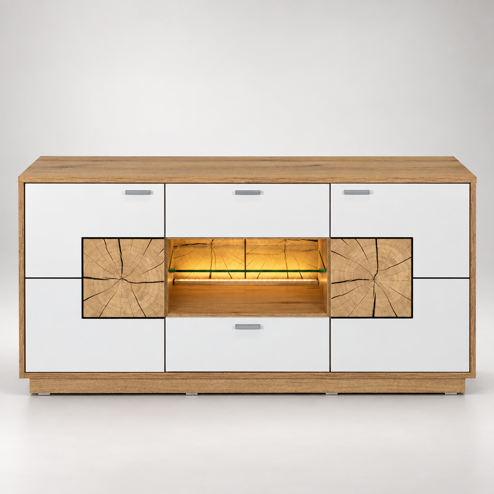 Comoda Tv Urbano White Cu 2 Usi, 2 Sertare Si 1 Nisa Alb Si Natur, 140 Cm