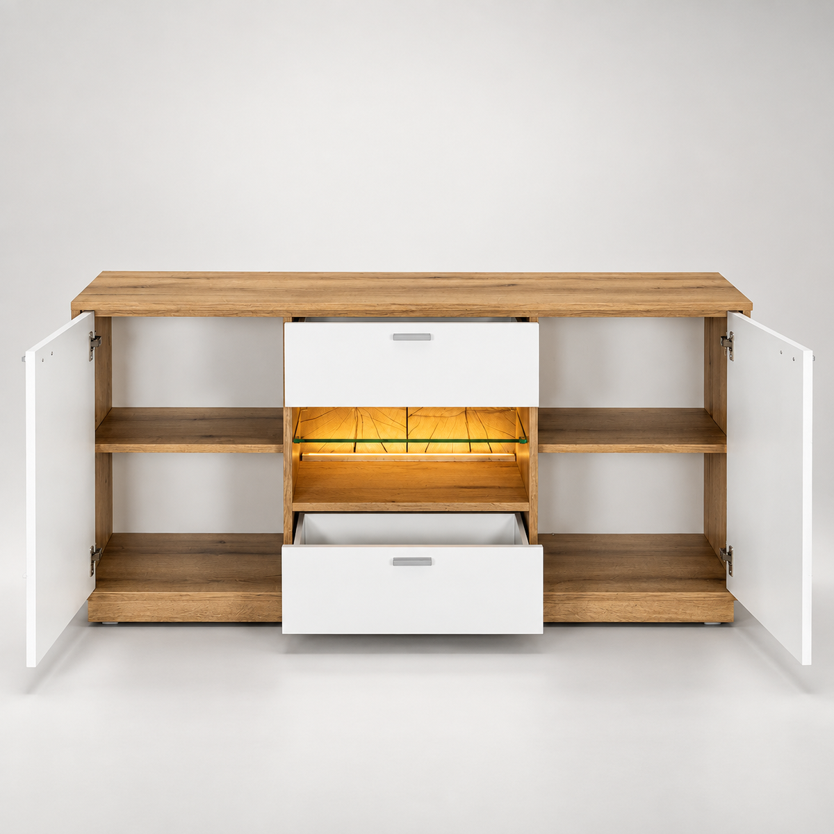Comoda Tv Urbano White Cu 2 Usi, 2 Sertare Si 1 Nisa Alb Si Natur, 140 Cm