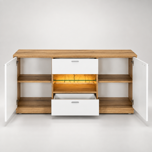 Comoda Tv Urbano White Cu 2 Usi, 2 Sertare Si 1 Nisa Alb Si Natur, 140 Cm
