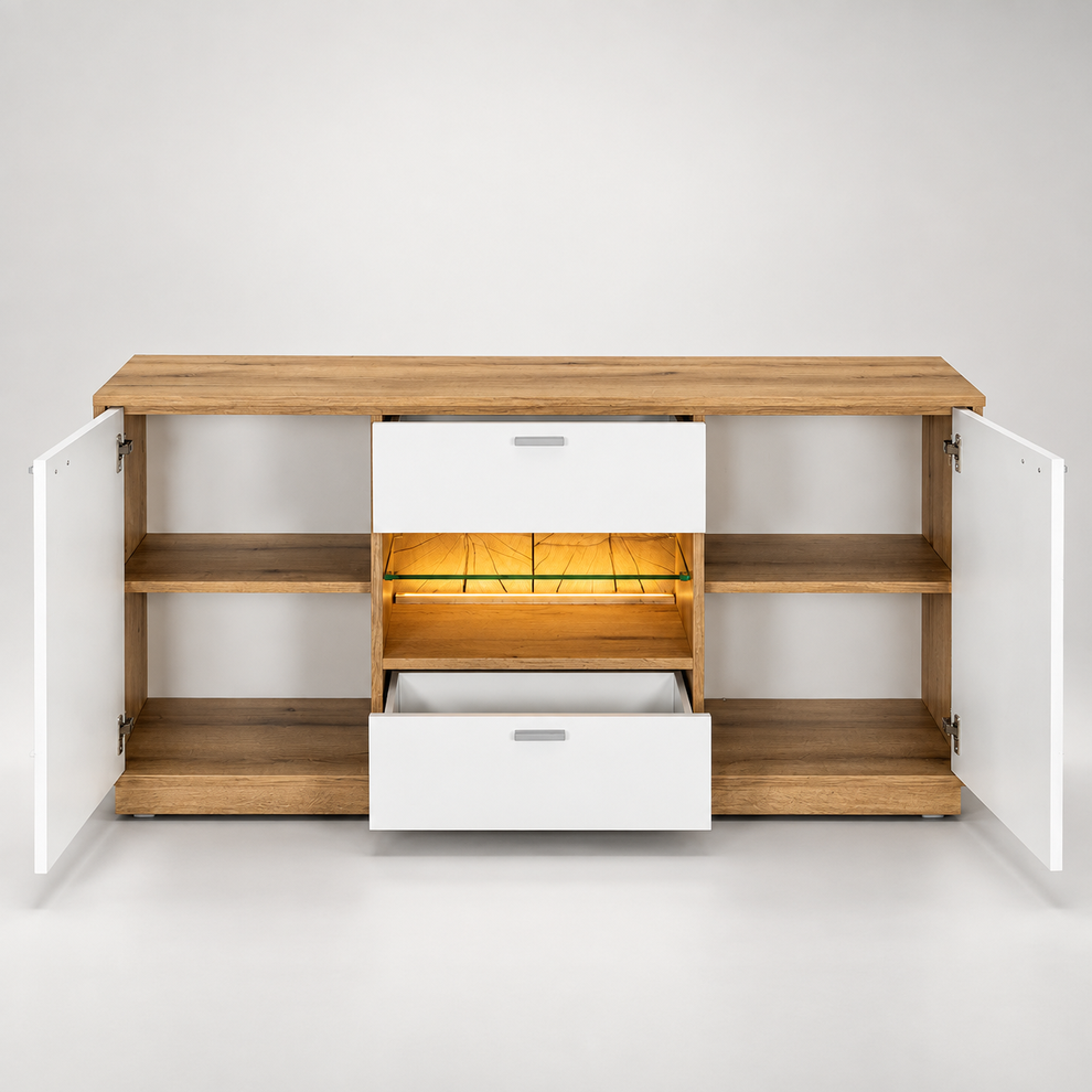 Comoda Tv Urbano White Cu 2 Usi, 2 Sertare Si 1 Nisa Alb Si Natur, 140 Cm