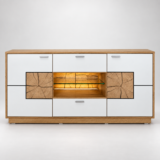 Comoda Tv Urbano White Cu 2 Usi, 2 Sertare Si 1 Nisa Alb Si Natur, 140 Cm