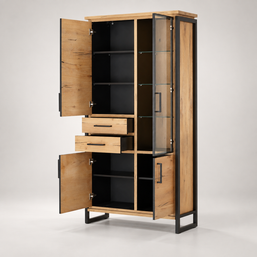 Vitrina Cu 3 Usi Si 2 Sertare Reno, Smoked Oak, Furnir Din Lemn Masiv, 100 Cm #studio