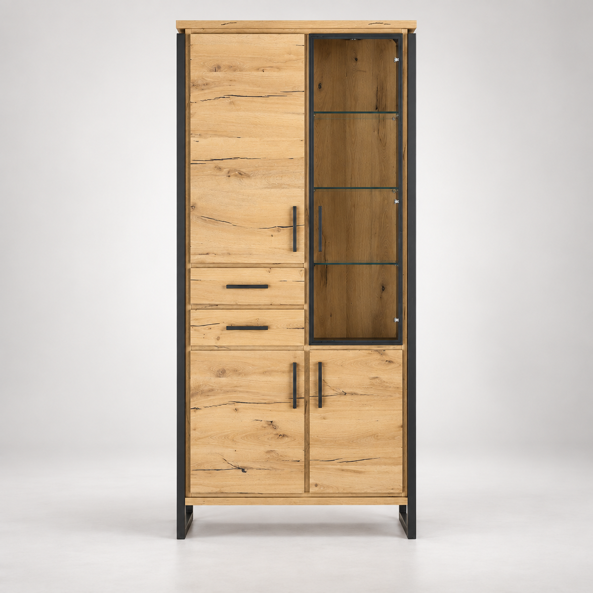 Vitrina Cu 3 Usi Si 2 Sertare Reno, Smoked Oak, Furnir Din Lemn Masiv, 100 Cm #studio