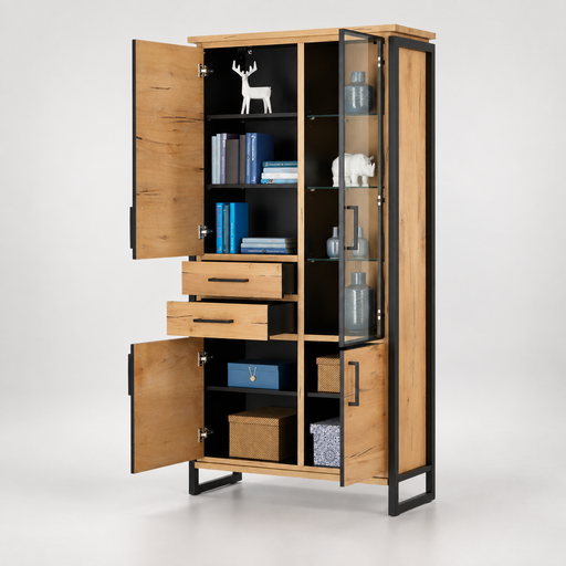 Vitrina Cu 3 Usi Si 2 Sertare Reno, Smoked Oak, Furnir Din Lemn Masiv, 100 Cm #studio