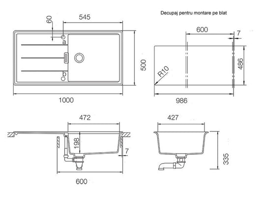Chiuveta bucatarie Schock Tia D-100L Cristadur Magma cu sifon automat, granit, reversibila, montare pe blat 100 x 50 cm