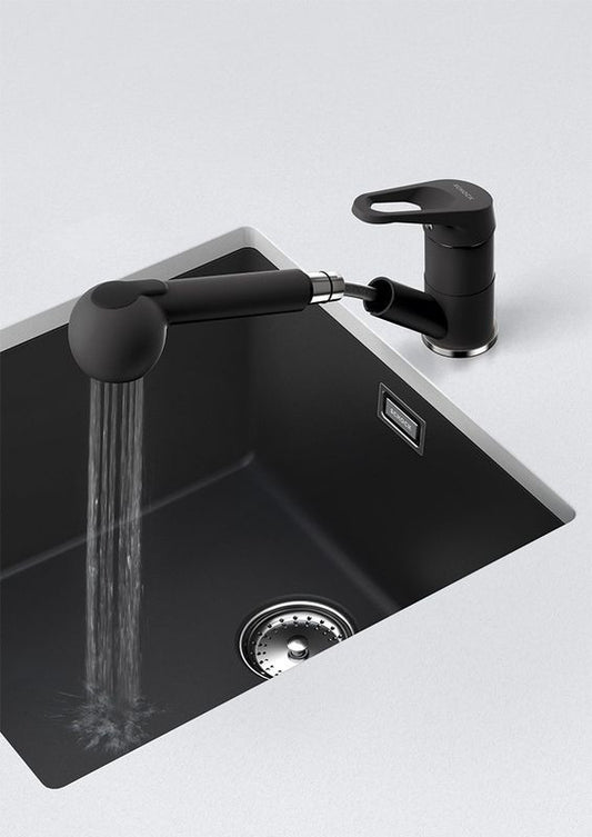 Baterie bucatarie Schock Cosmo Cristalite Nero cu dus extractibil, 2 tipuri de jet, aspect granit, cartus ceramic, negru