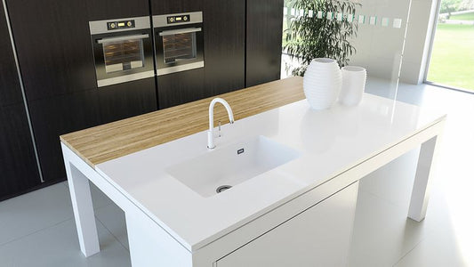 Baterie bucatarie Schock Plutos Cristalite Alpina, aspect granit, cartus ceramic, alb