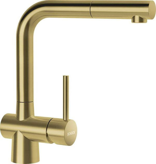 Baterie bucatarie Schock Laios White Gold cu dus extractibil, cartus ceramic