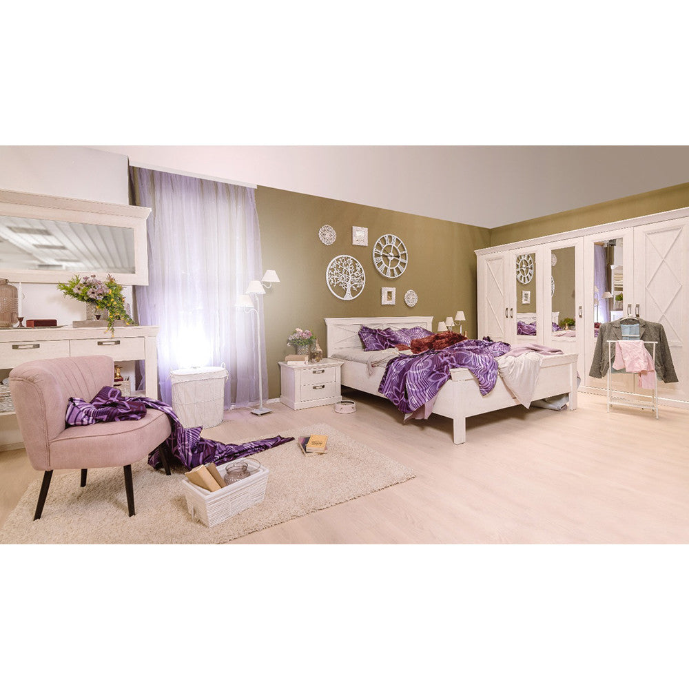Set Mobila Dormitor Kashmir, Alb Antichizat, Cu Pat 180 X 200 Cm, Dulap 5 Usi cu Oglinda, Set 2 Noptiere cu Sertare