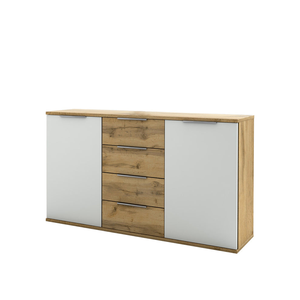 Comoda Castello, 2 Usi Si 4 Sertare, Alb Si Stejar Salbatic, 150 Cm