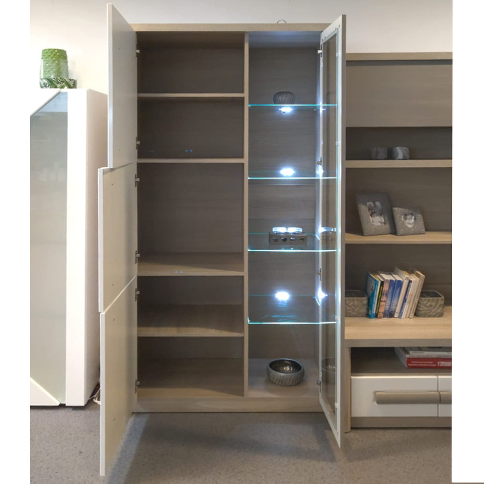 Set Living Romantic 300 cm cu dulap depozitare 90 cm, comoda TV 120 cm, vitrina 90 cm, dulap suspendat, alb lucios si gri mat