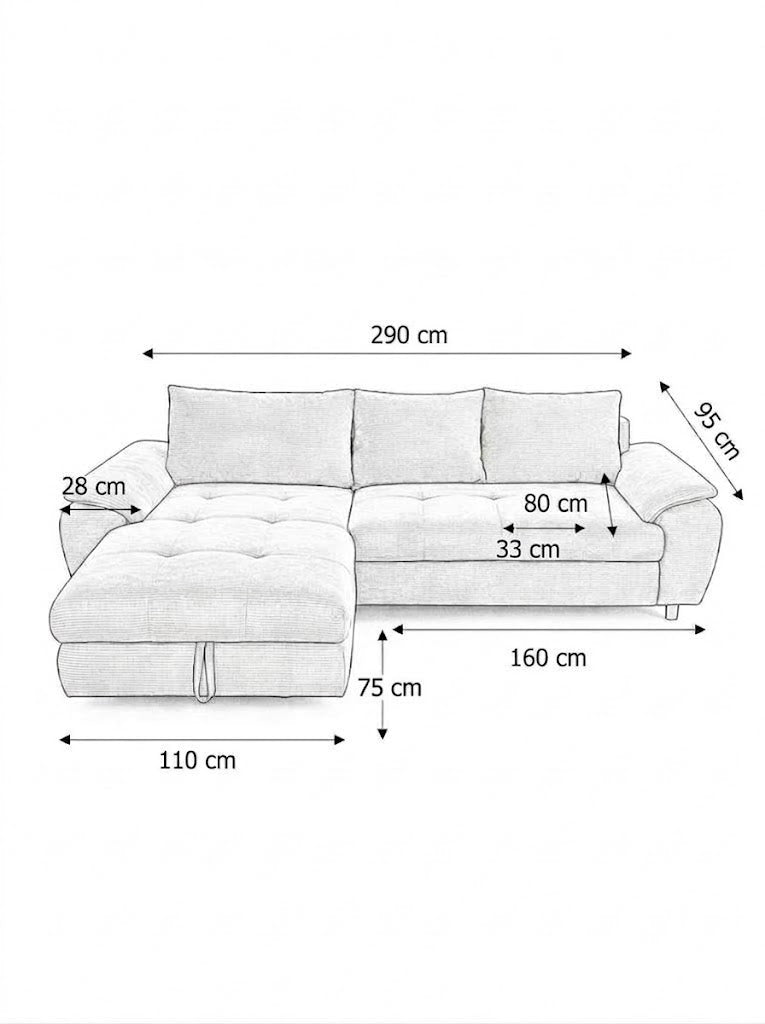 Coltar Extensibil Stanga Venus, 5 Locuri, Lada Depozitare, Gri,  290 Cm