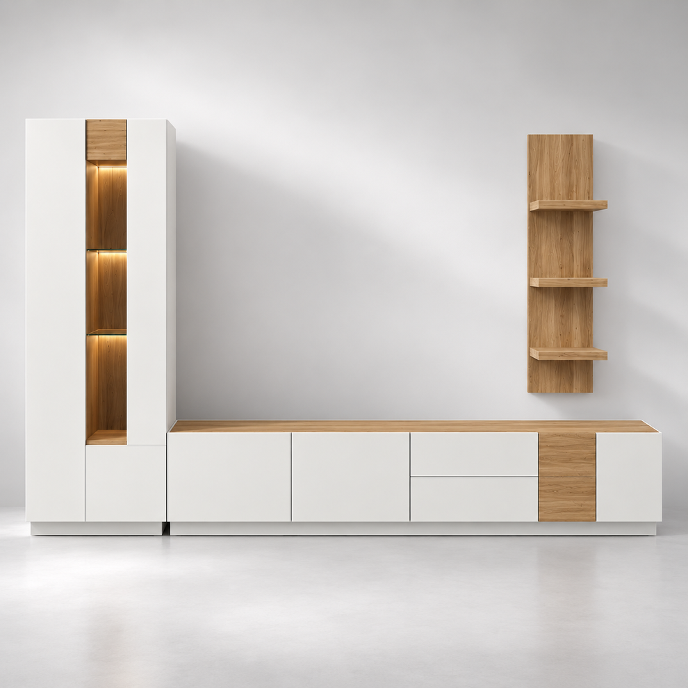 Biblioteca living Lumeo, alb mat/stejar, 305 cm, cu iluminare LED