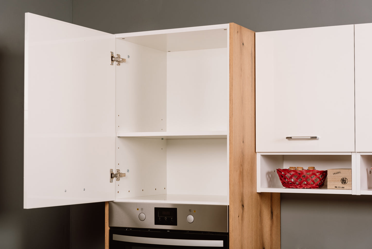 Bucatarie Primo, Alb Lucios Si Natur, Front Mdf, 261.1 X 220 X 60 Cm